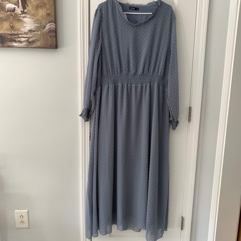 Shein Curve Blue Swiss Dot Smocked Waist Maxi Dress Plus Size 3XL Ruffle Neck